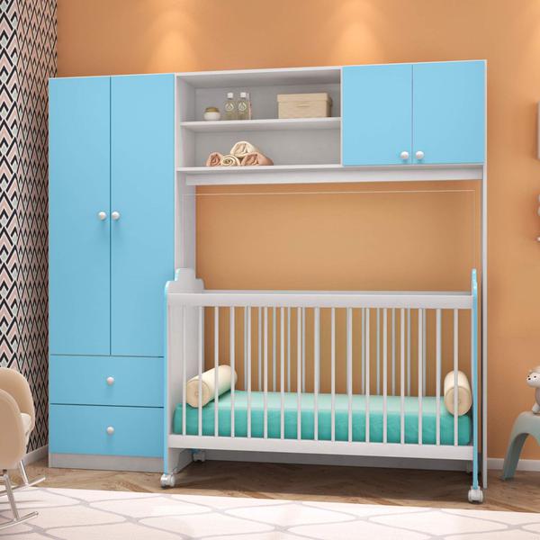 Quarto de Bebê Completo com Guarda Roupa e Berço Móveis Branco/Azul - Peternella Móveis