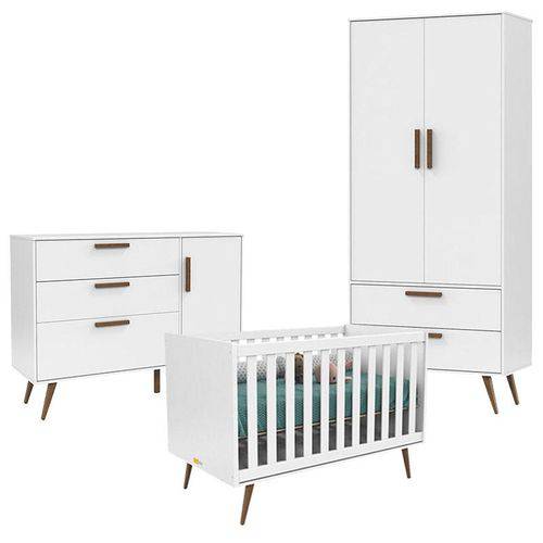 Quarto de Bebê 2 Portas com Cômoda 1 Porta Retro Branco Acetinado Eco Wood - Matic