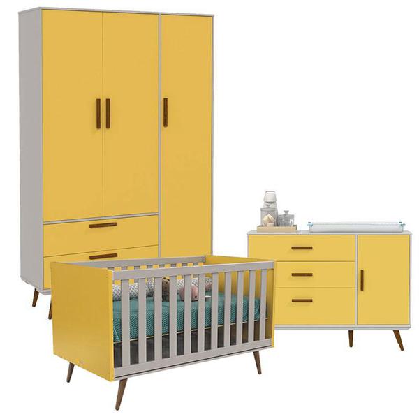 Quarto de Bebê 3 Portas Cômoda 1 Porta Retro Cinza Amarelo Eco Wood - Matic - Matic Moveis