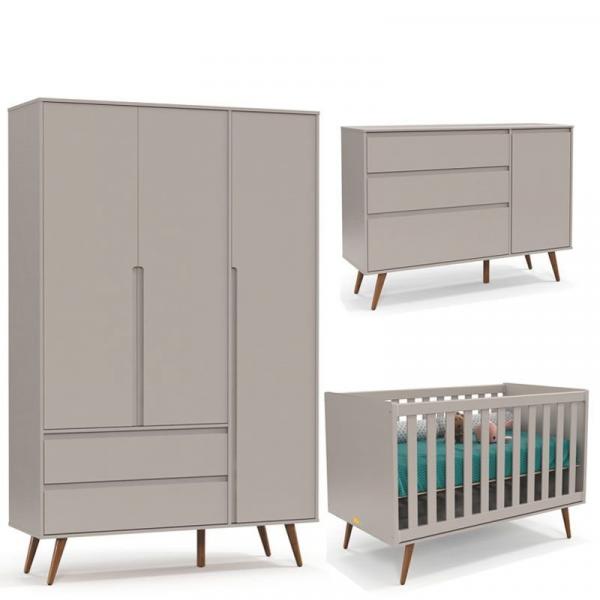 Quarto de Bebê Retrô Clean 3 Portas Cinza/Eco Wood - Matic - Matic Moveis