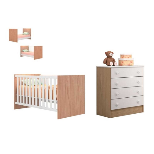 Quarto Infantil Berço Mini Cama Americano e Cômoda 4 Gavetas - Branco / Carvalho