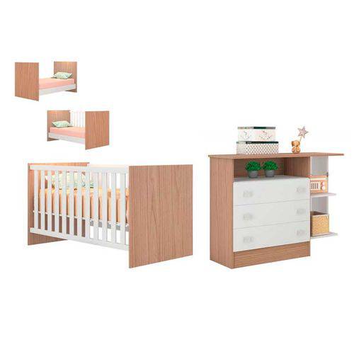 Tudo sobre 'Quarto Infantil Berço Mini Cama Americano e Cômoda 3 Gavetas com Cantoneira - Branco / Carvalho'