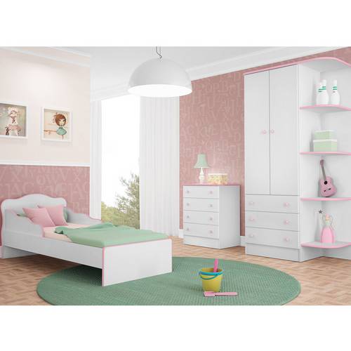 Quarto Infantil Completo Doce Sonho com Guarda-Roupa, Mini Cama e Cômoda Branco Branco Rosa - Qmovi