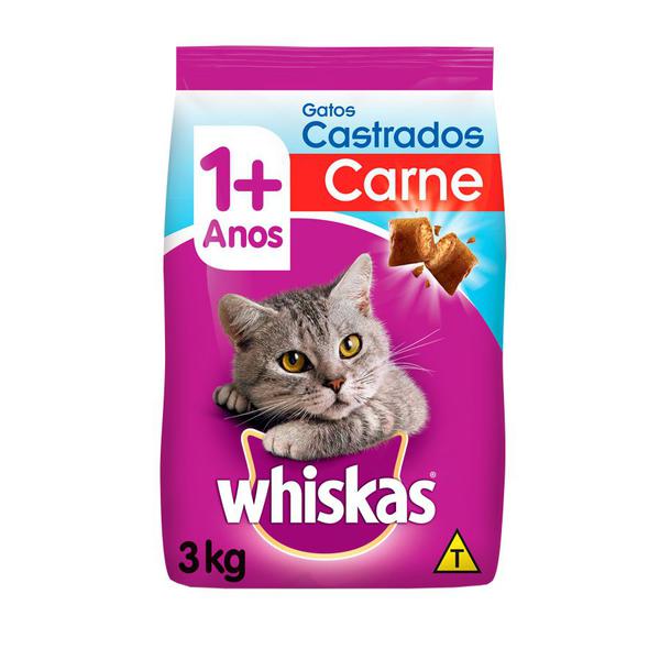 Ração Whiskas para Gatos Adultos Castrados Sabor Carne - 3Kg