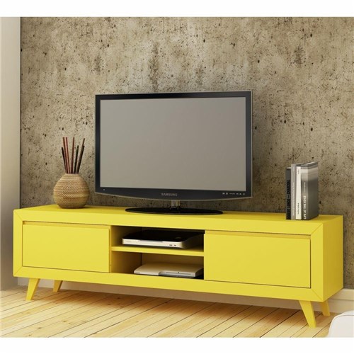 Rack Prime com 2 Gavetas e 2 Nichos Amarelo Laqueado Madeira Maciça - Casatema