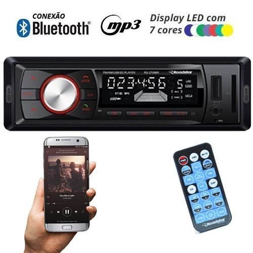 Rádio Mp3 Player Automotivo Bluetooth Roadstar RS-2709BR Fm Usb Controle 7 Cores Iluminação Botões