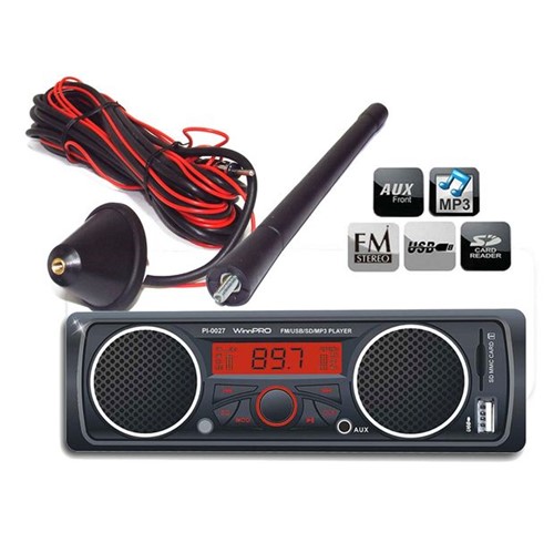 Rádio Mp3 Player Automotivo com Alto-falantes Integrados Usb e Sd com Antena de Teto Universal Haste Curta 18cm