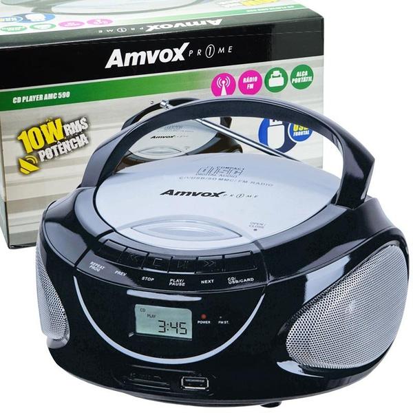 Rádio Portátil Boombox Som Cd Mp3 Player Usb Sd Fm Am Bivolt Amvox AMC 590 Preto