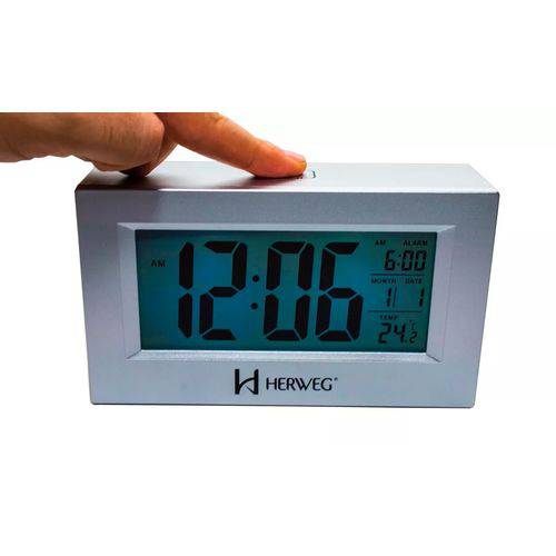 Relógio 2972 Despertador Digital Prata Luz Led Sensor Herweg