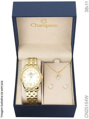 Relógio Champion Dourado Feminino Cn25154w + Kit Bijouteria