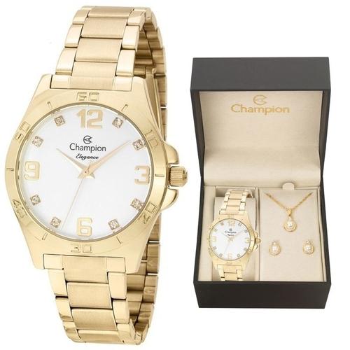 Relógio Champion Dourado Feminino Cn28446w + Kit Bijuteria