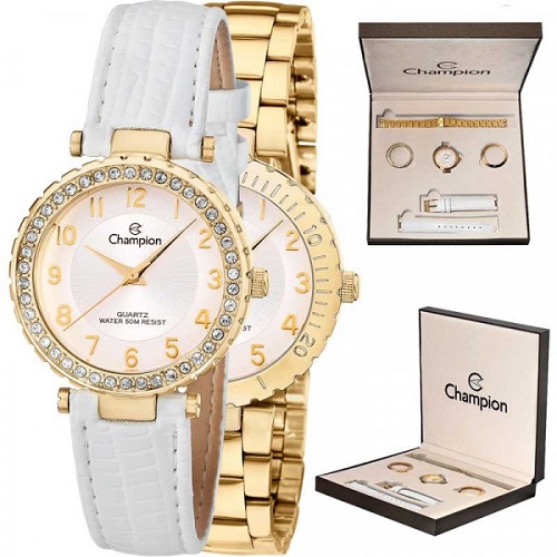 Relógio Champion Feminino Analógico Dourado CN28759H Kit Troca Aro e Pulseiras