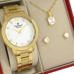 Relógio Champion Feminino Dourado Branco CN25252W prova d'água + colar e brincos + 1 ano de garantia