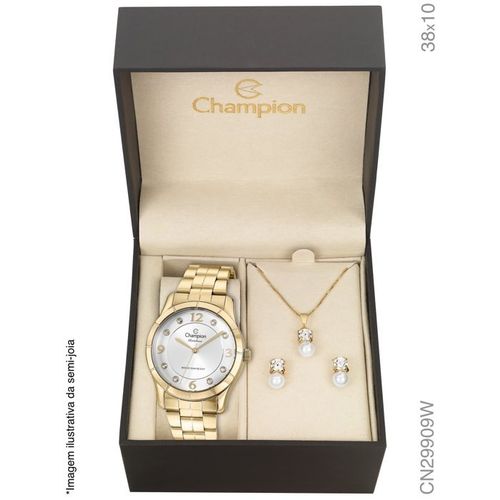 Relógio Champion Feminino Dourado Cn29909w + Kit Colar Brincos
