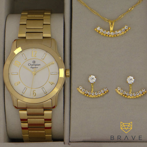 Relógio Champion Feminino Dourado Ouro CN26420W Prova D'água + Colar e Brincos + 1 Ano de Garantia