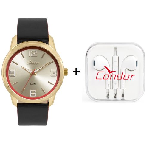 Relógio Condor Masculino Couro Dourado com Fone de Ouvido - Co2035kwv/k2d