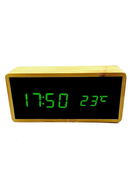 Relógio de Mesa Despertador Termômetro Madeira LED Verde