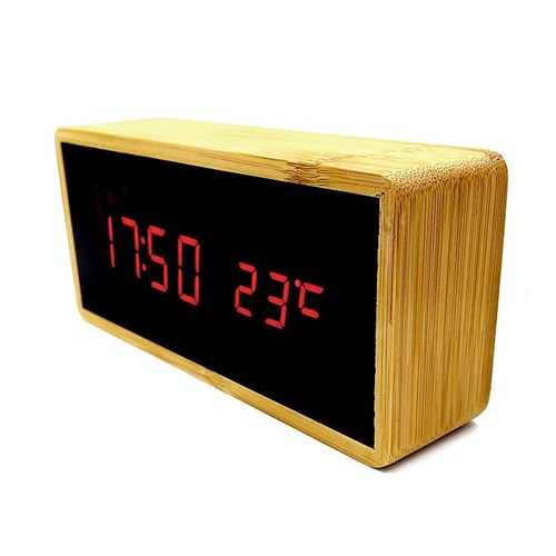 Relógio de Mesa Despertador Termômetro Madeira Led Vermelho