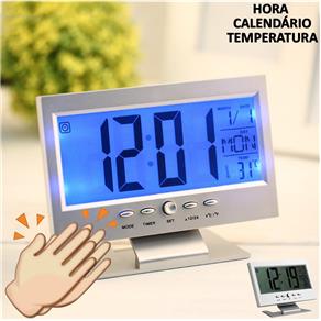 Relógio de Mesa Digital Lcd Led Acionamento Sonoro Despertador Termometro Prata Cbrn01439