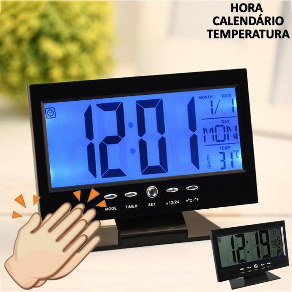 Tudo sobre 'Relógio de Mesa Digital Lcd Led Acionamento Sonoro Despertador Termometro PRETO CBRN01422 - Commerce Brasil'