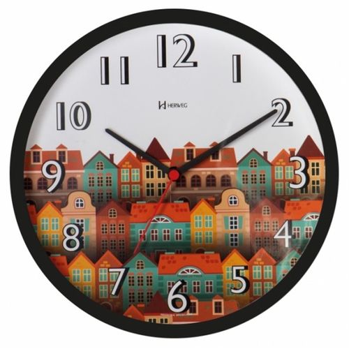 Relógio de Parede Analógico Decorativo Casinhas Mecanismo Step Herweg Preto