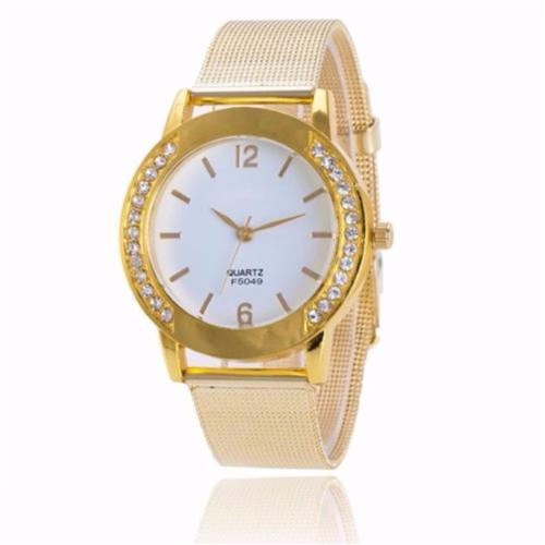 Relógio de Pulso Feminino Aço Inoxidável Dourado Cristal