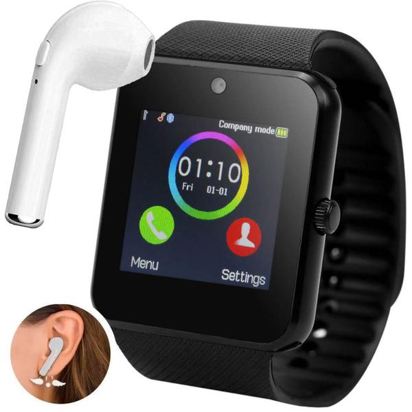 Relógio de Pulso Smartwatch Gt08 Bluetooth Touch Câmera Android Celular Chip Sim Chamadas Passômetro Sono + Fone Ouvido I7 Hbq Branco