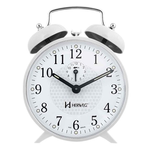 Relógio Despertador Analógico Clássico Iluminação Noturna Luz Alarme Campainha Herweg Branco