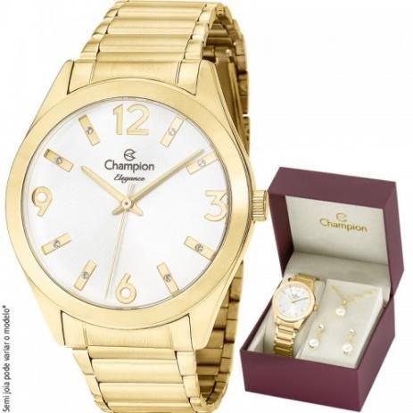 Relógio Dourado Feminino Champion Cn25396w + Kit Bijuteria