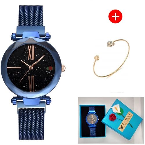 Relógio Feminino Azul com Pulseira Magnética + Bracelete + Caixa Florida.
