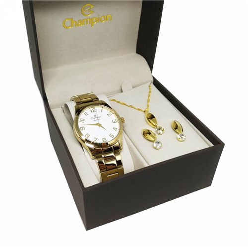 Relógio Feminino Dourado Champion CN29883J Brinde Colar e Brincos