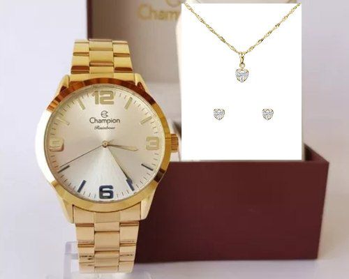 Relógio Feminino Dourado Champion Cn29892z + Kit Brinde