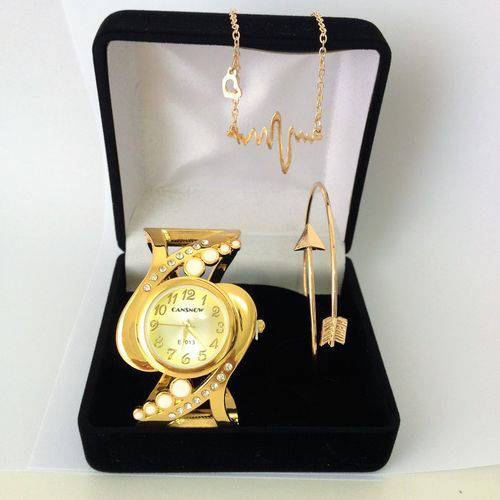 Relógio Feminino Dourado Kit Presente Dia das Mães