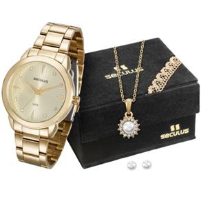 Relógio Feminino Seculus Dourado Kit Cordão 20517LPSVDS1K1