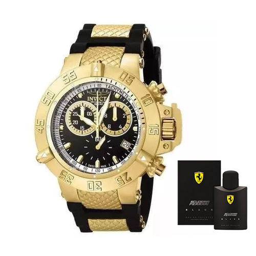 Relógio Invicta Masculino 5517 Subaqua 50mm Banhado a Ouro 18k + Perfume Ferrari Black 125ML