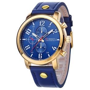 Relógio Masculino Curren 8192 Azul Dourado Pulseira de Couro