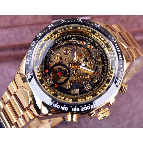 Relógio Masculino Dourado Luxo Inox Automatico Esqueleto 432