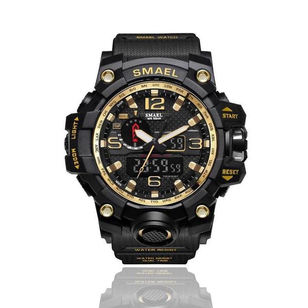 Relógio Masculino Militar Smael 1545 Prova Agua Black Gold