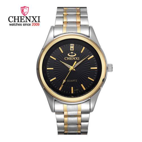 Relógio Masculino Quartzo Chenxi Luxo Aço Inoxidável Black Silver