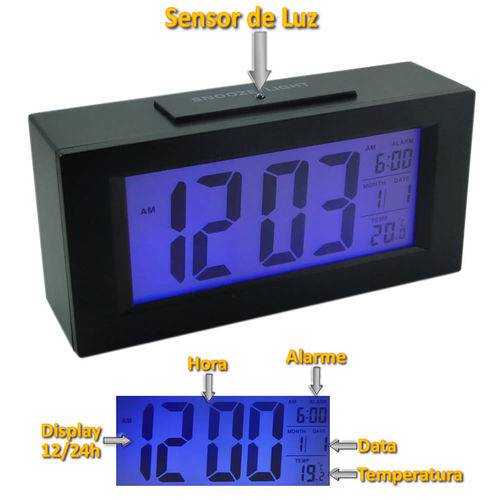 Relógio Mesa Digital Data/hora Temperatura Sensor Luz PRETO CBRN01583