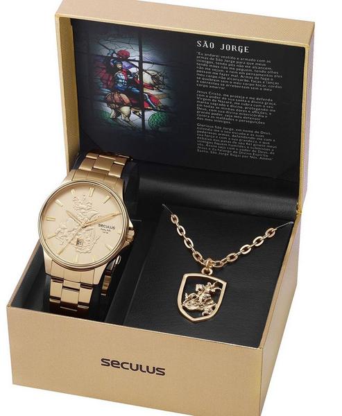 Relógio Seculus Kit São Jorge+ Medalhão 28933gpskda1k1