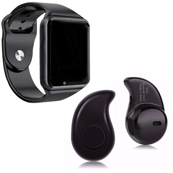 Relógio Smartwatch A1 Inteligente Gear Chip Celular Touch + Mini Fone de Ouvido Bluetooth S530 (PRETO)