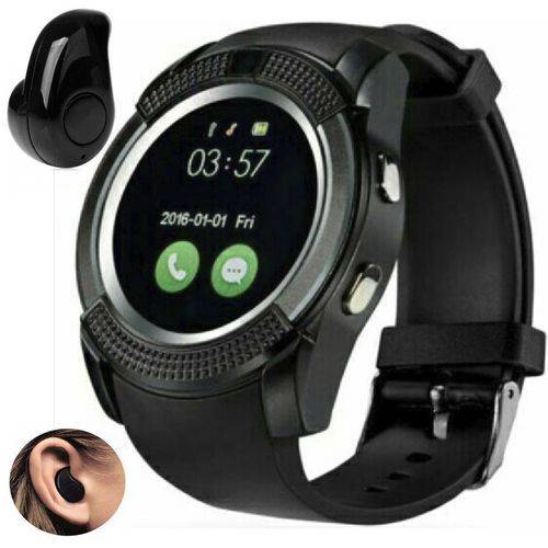 Tudo sobre 'Relógio Smartwatch V8 Inteligente Gear Chip Celular Touch + Mini Fone de Ouvido Bluetooth'