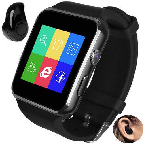 Relógio Smartwatch X6 Inteligente Gear Chip Celular Touch + Mini Fone de Ouvido Bluetooth - Preto