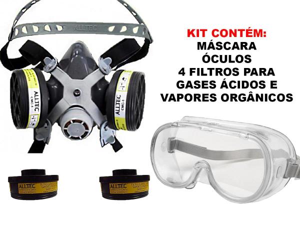 Respirador Mascara Facial Gases Ácidos com Óculos e 4 Filtros - Alltec