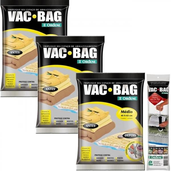 3 Sacos à Vácuo Vac Bag Ordene Médio 45x65 + Bomba Manual