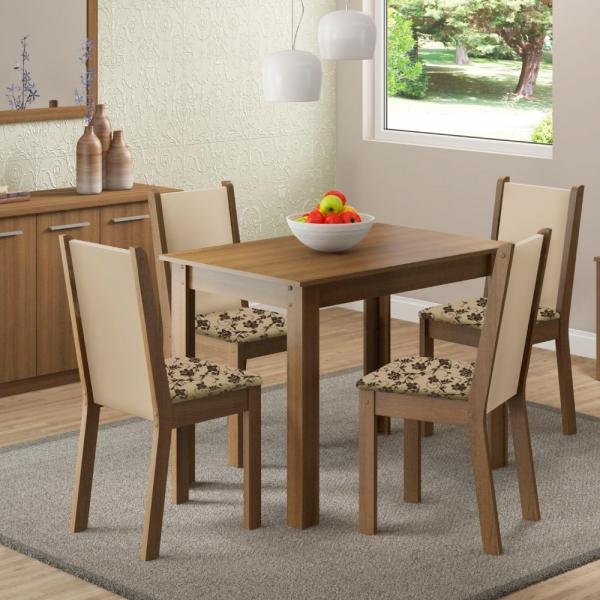 Sala de Jantar Cíntia Mesa com 4 Cadeiras - Rústico/ Crema/ Floral - Madesa
