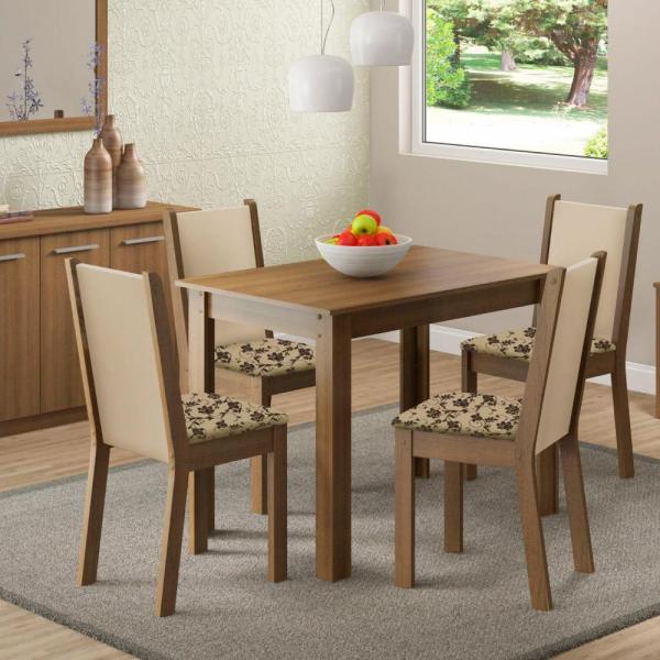 Sala de Jantar Cíntia Mesa com 4 Cadeiras Rústico/ Crema/ Floral - Madesa