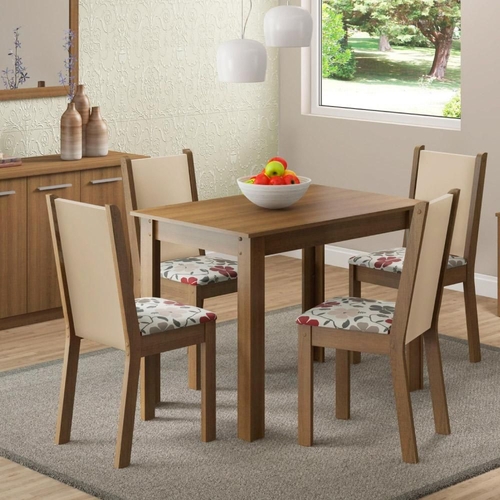 Sala de Jantar Cíntia Mesa com 4 Cadeiras Rústico/ Crema/ Hibiscos