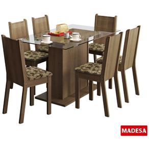 Sala de Jantar Madesa Gales Base de Madeira com Tampo de Vidro e 6 Cadeiras - Rustic/ Bege-Marrom
